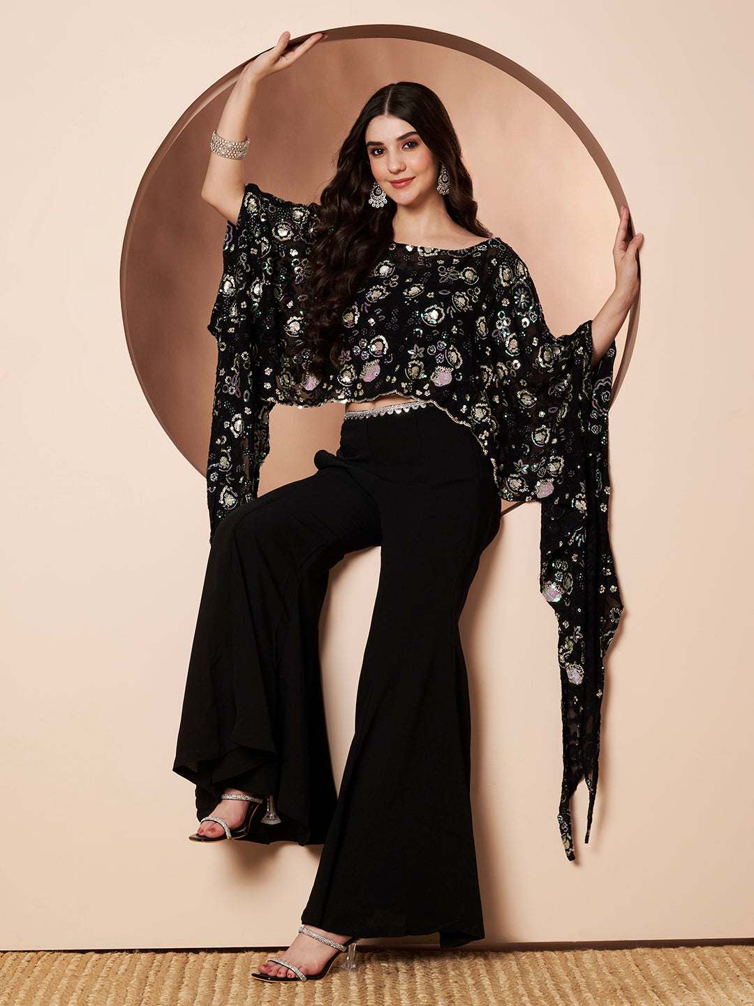 Girlboss Black Embroidered Party Co-ord Set for Women