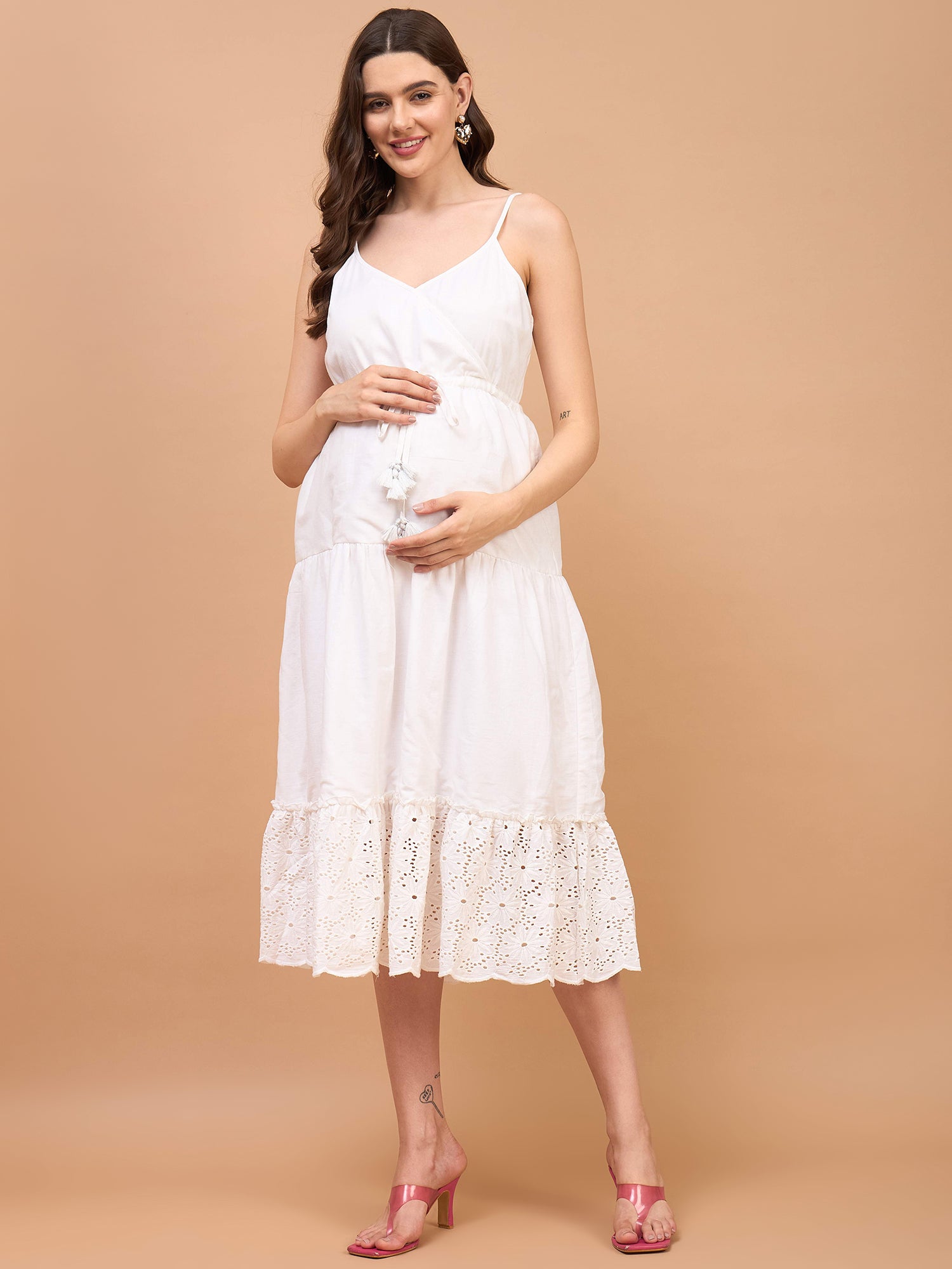 Angle Wings White Cotton Schiffli Strappy Maternity Dress