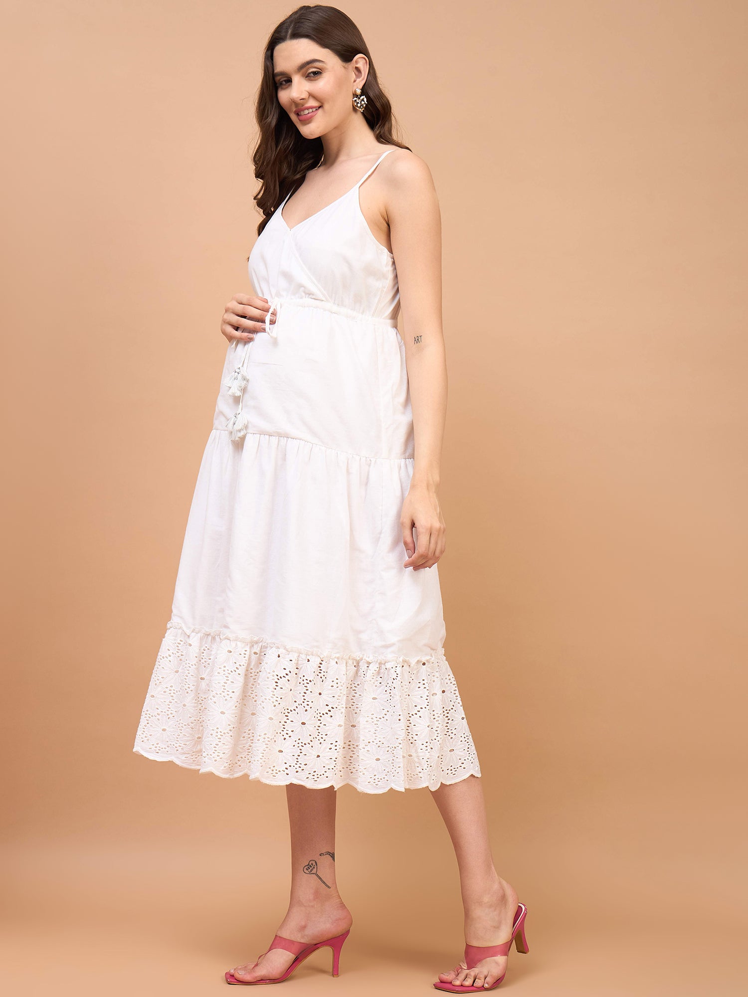 Angle Wings White Cotton Schiffli Strappy Maternity Dress