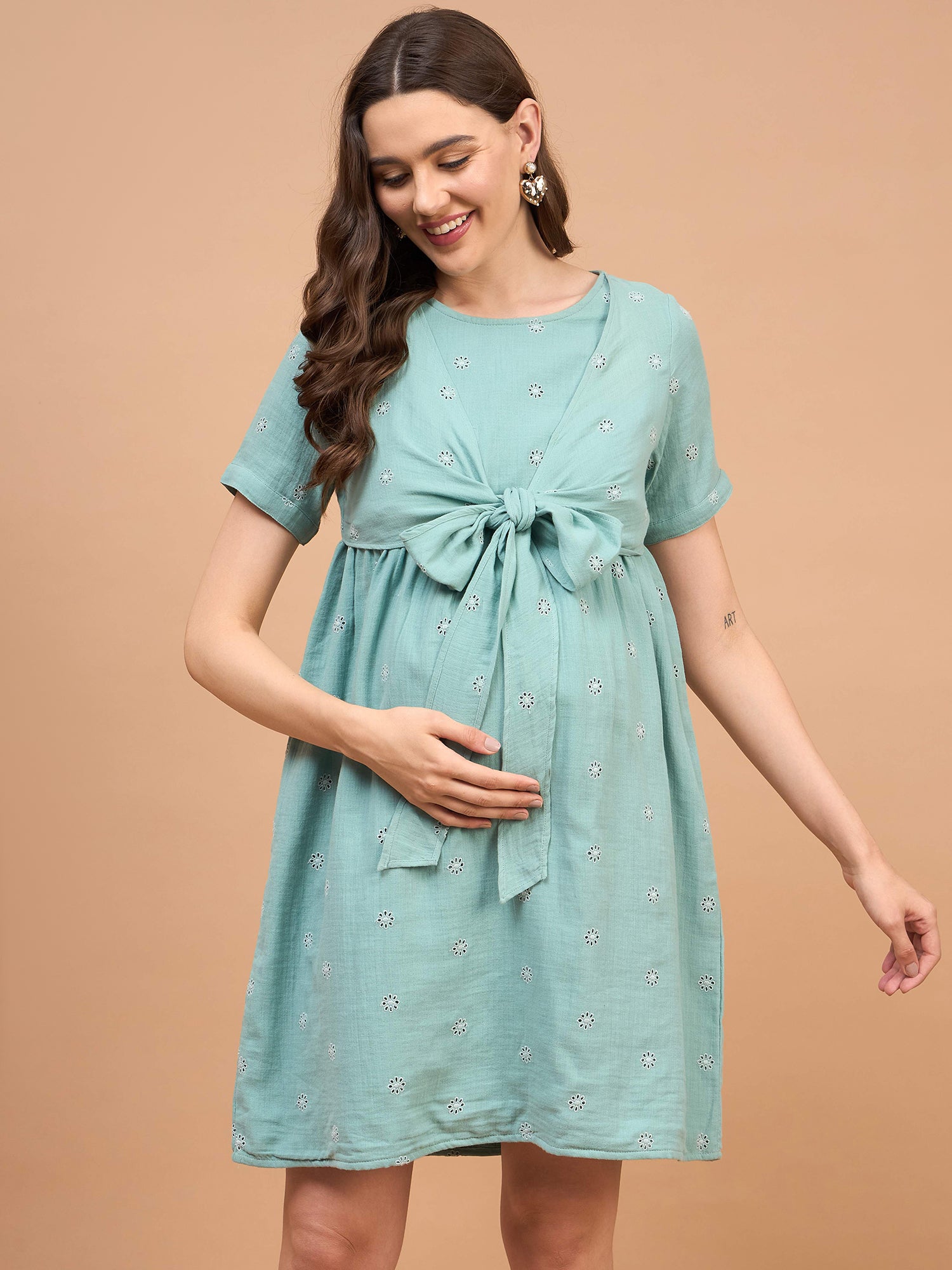 Sage Blue Cotton Schiffli Tie Knot Nursing Maternity Dress