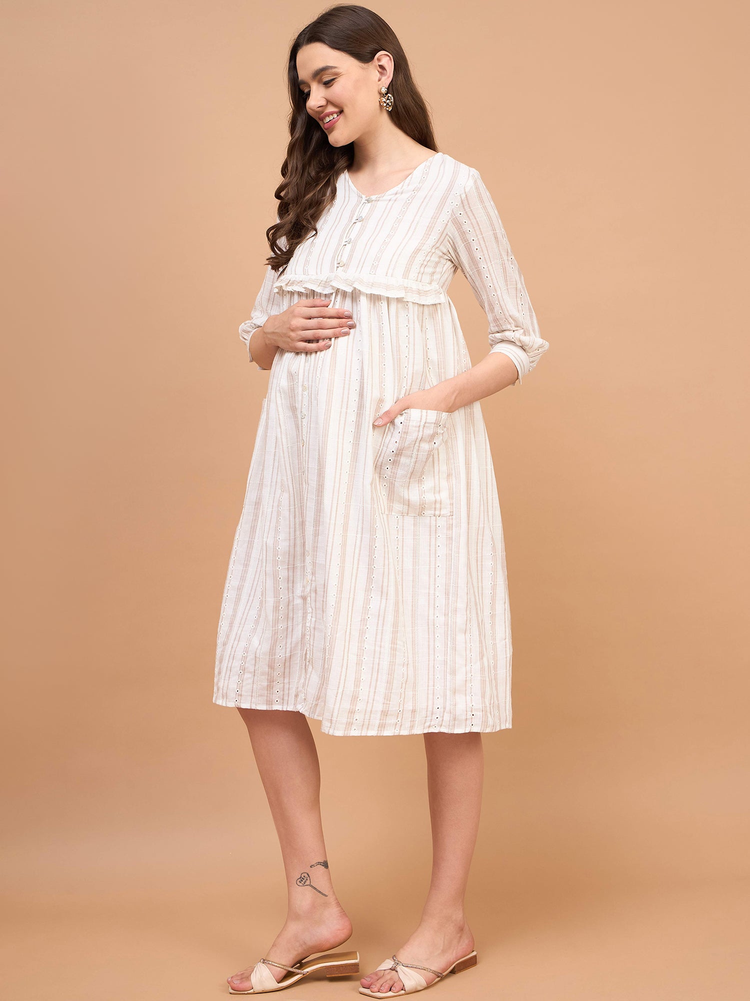 Be Mine Off White Cotton Striped Embroidery Shirt Maternity Dress