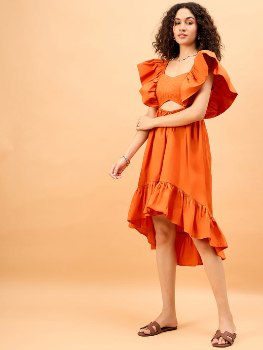 Morange Womens Orange Pleated High Low Cotton Party Dress with Cutout