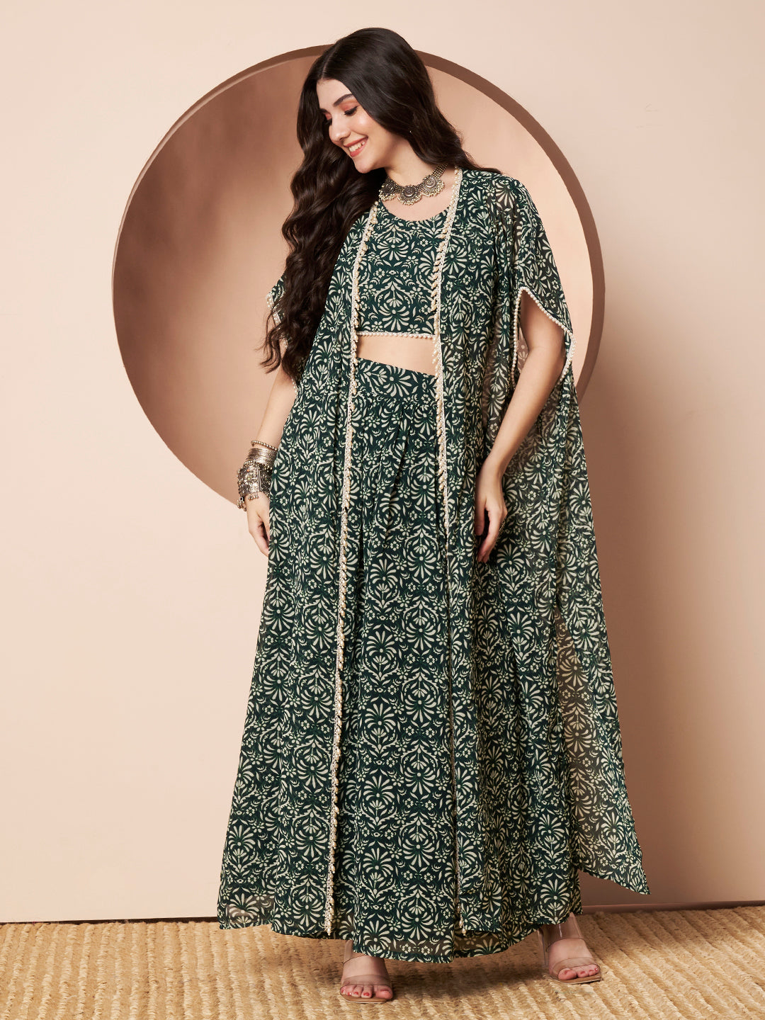 Nautanki Floral Print Green Indo Western Co-ord Set for Women