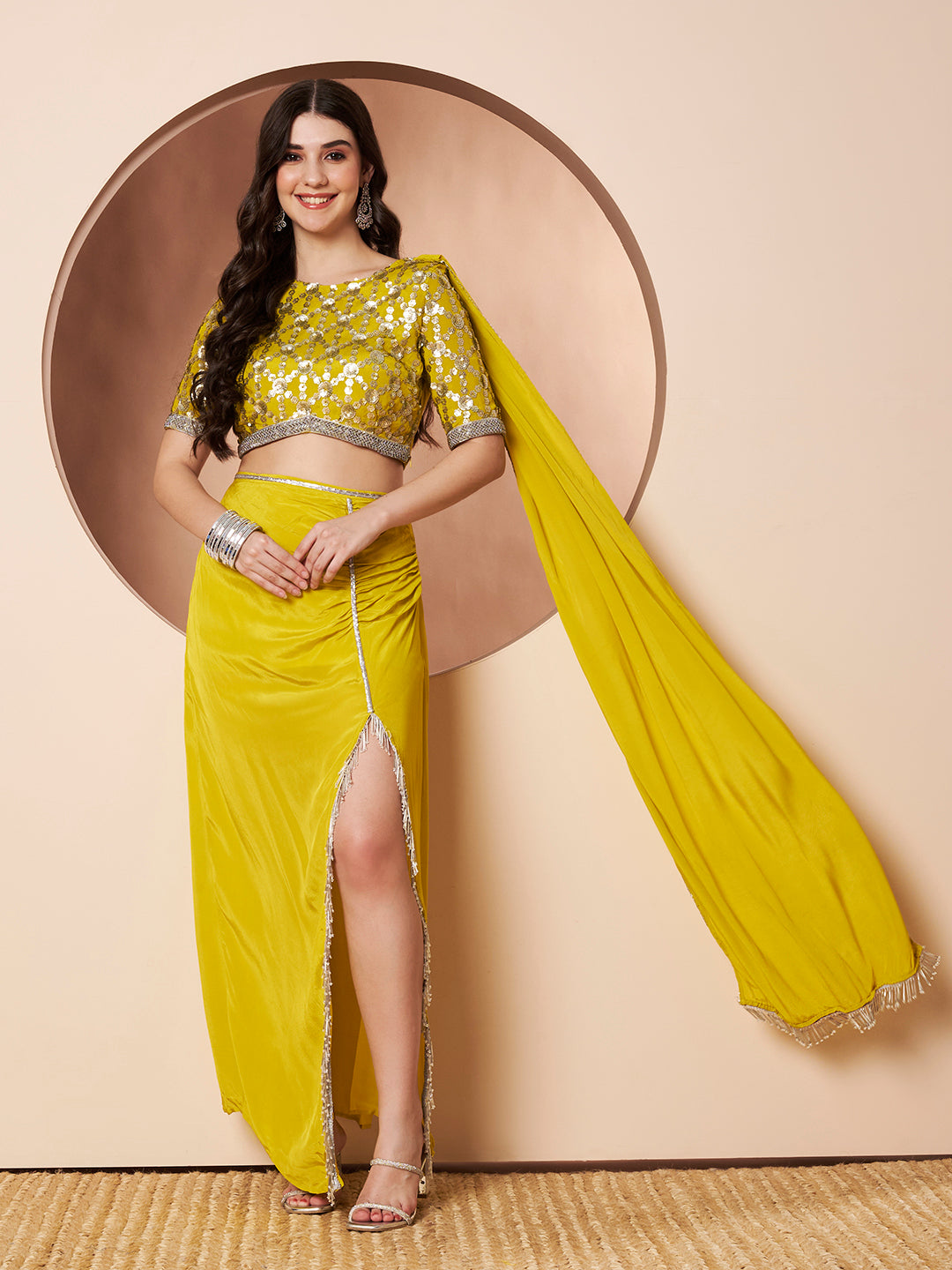 Phooljhadi Lime Green Embroidered Saree Party Co-ord Set for Women