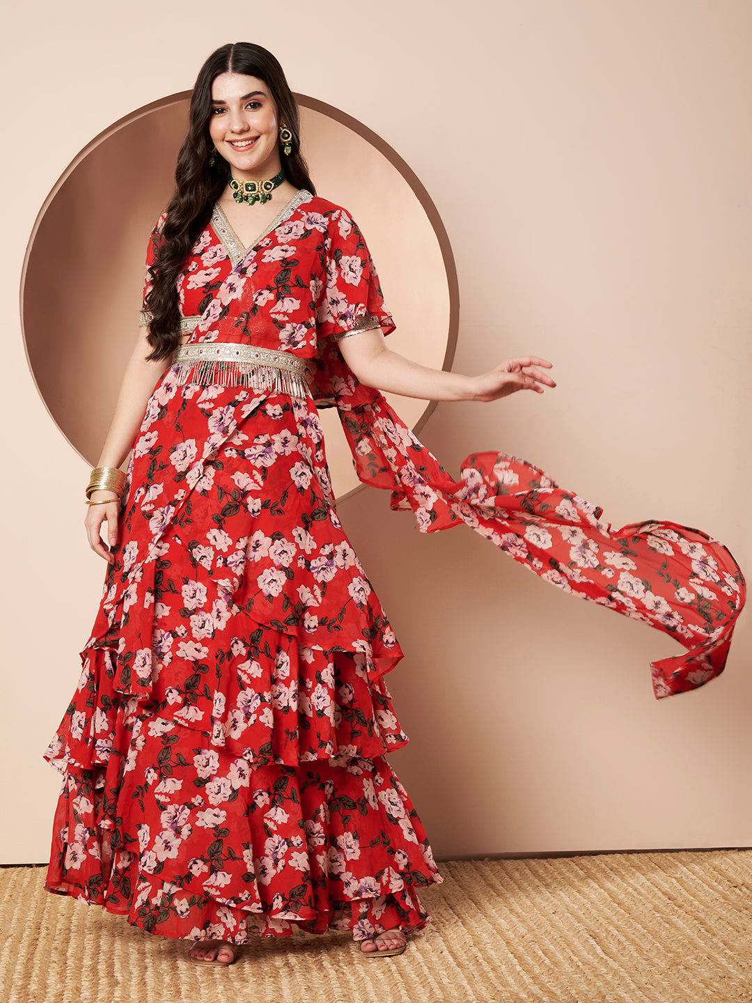 Tikhi Mirchi Womens Red Floral Print Draped Saree with Frills Party Wear
