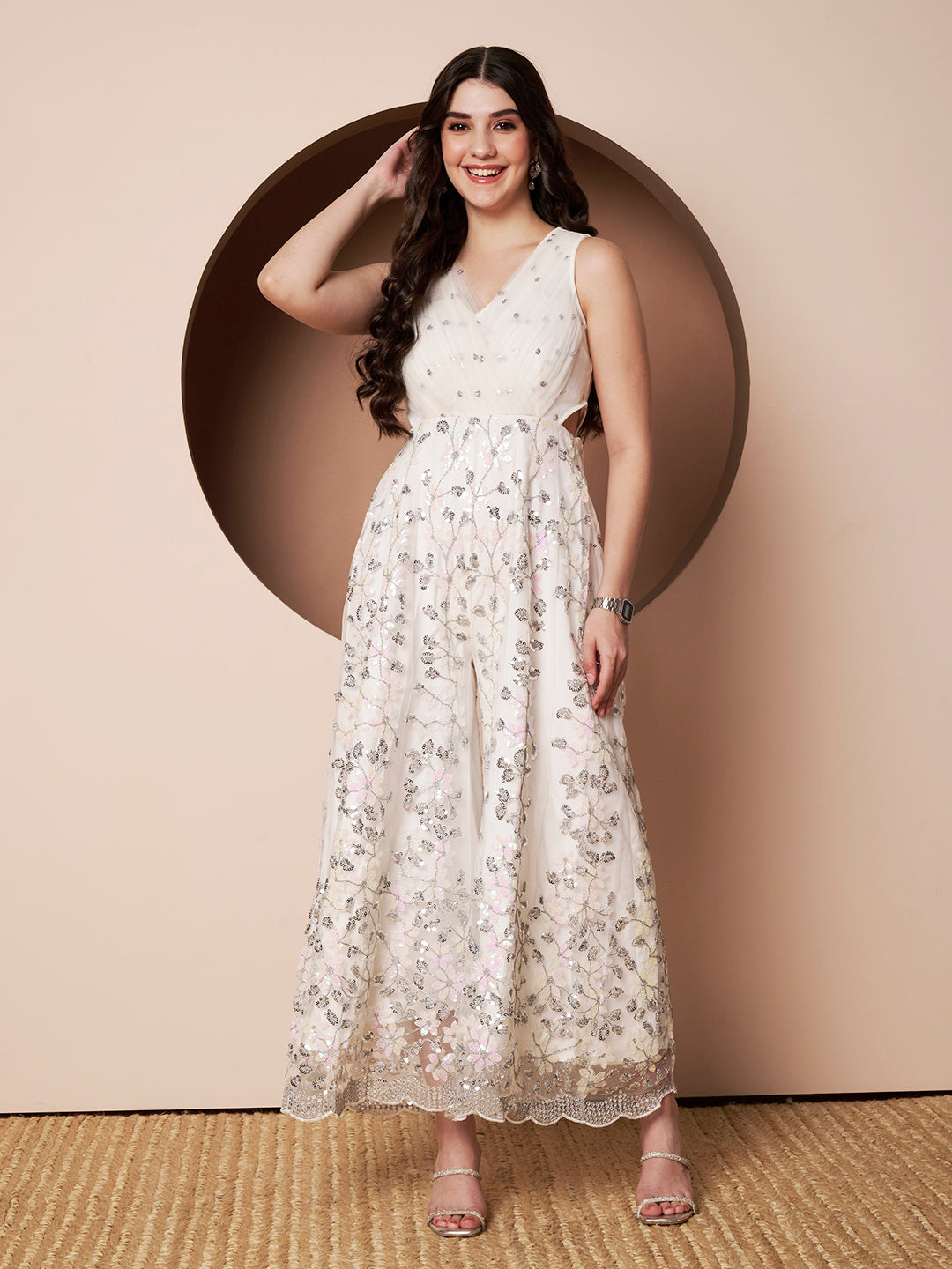 Badass Womens White Indo Western Party Jumpsuit with Embroidery
