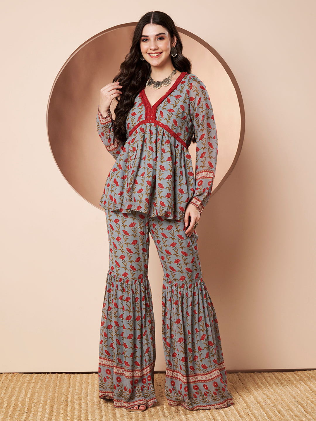 Self-Obsessed Grey and Red Floral Indo Western Co-ord Set for Women