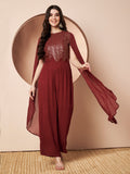 Nazuk Maroon Indo- Western Party Jumpsuit with Cape Sleeves and Gold Embroidery Details for Cocktail