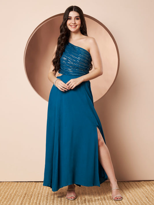 Sitara Teal Womens One Shoulder Maxi Gown Party Dress with Gold Lurex Details