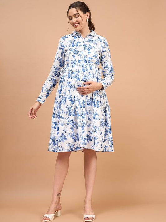Selena Blue and White Floral Maternity Shirt Dress for Women