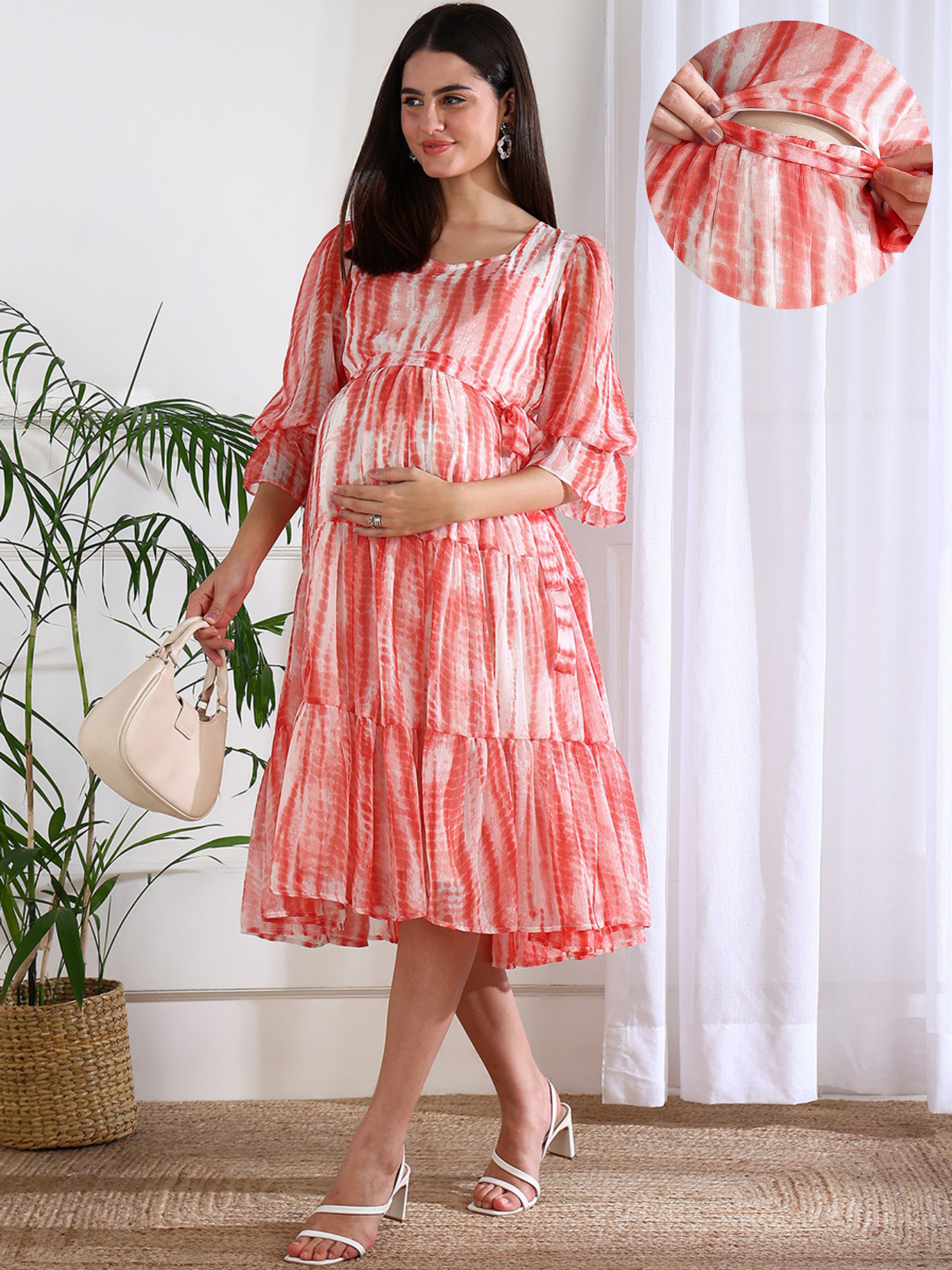 Emma Peach Tie and Dye Maternity Dress with Nursing Feature