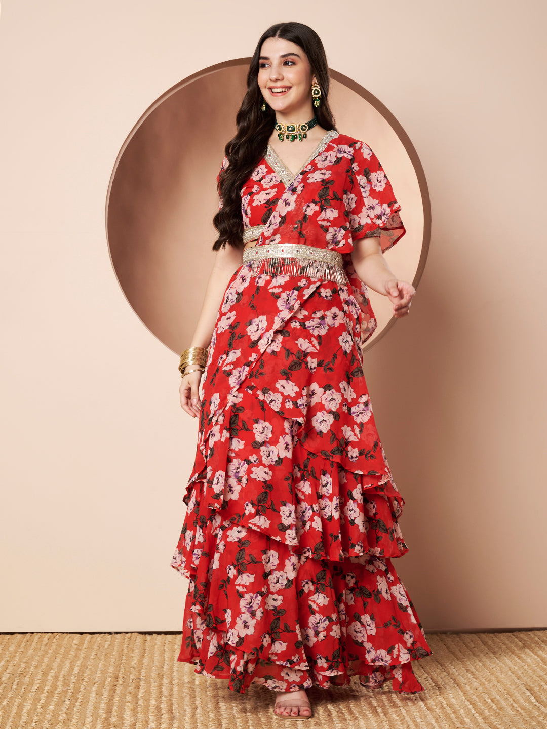 Tikhi Mirchi Womens Red Floral Print Draped Saree with Frills Party Wear