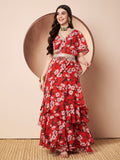 Tikhi Mirchi Womens Red Floral Print Draped Saree with Frills Party Wear