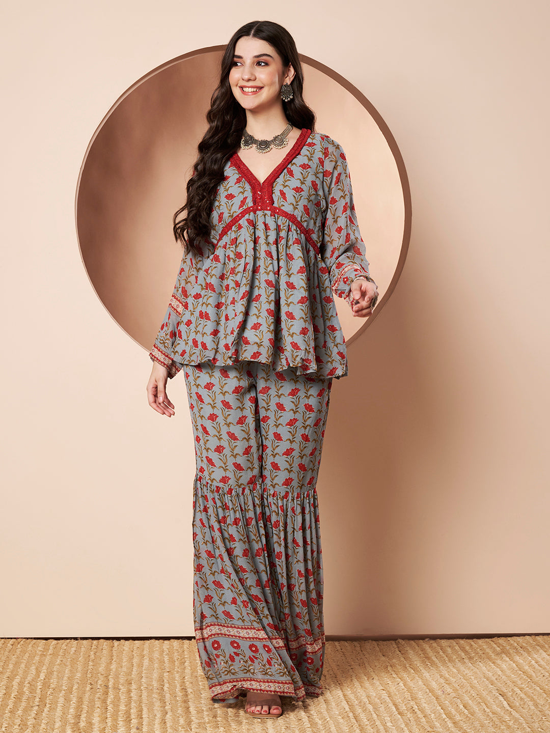 Self-Obsessed Grey and Red Floral Indo Western Co-ord Set for Women