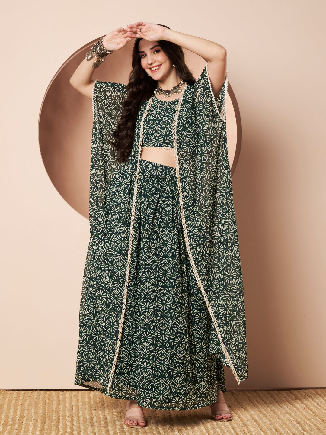 Nautanki Floral Print Green Indo Western Co-ord Set for Women