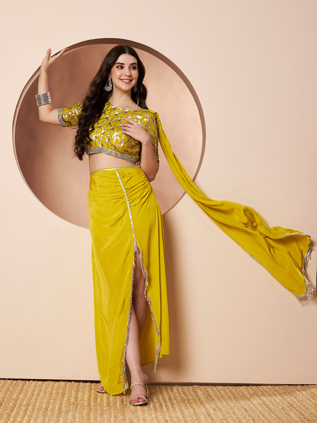 Phooljhadi Lime Green Embroidered Saree Party Co-ord Set for Women