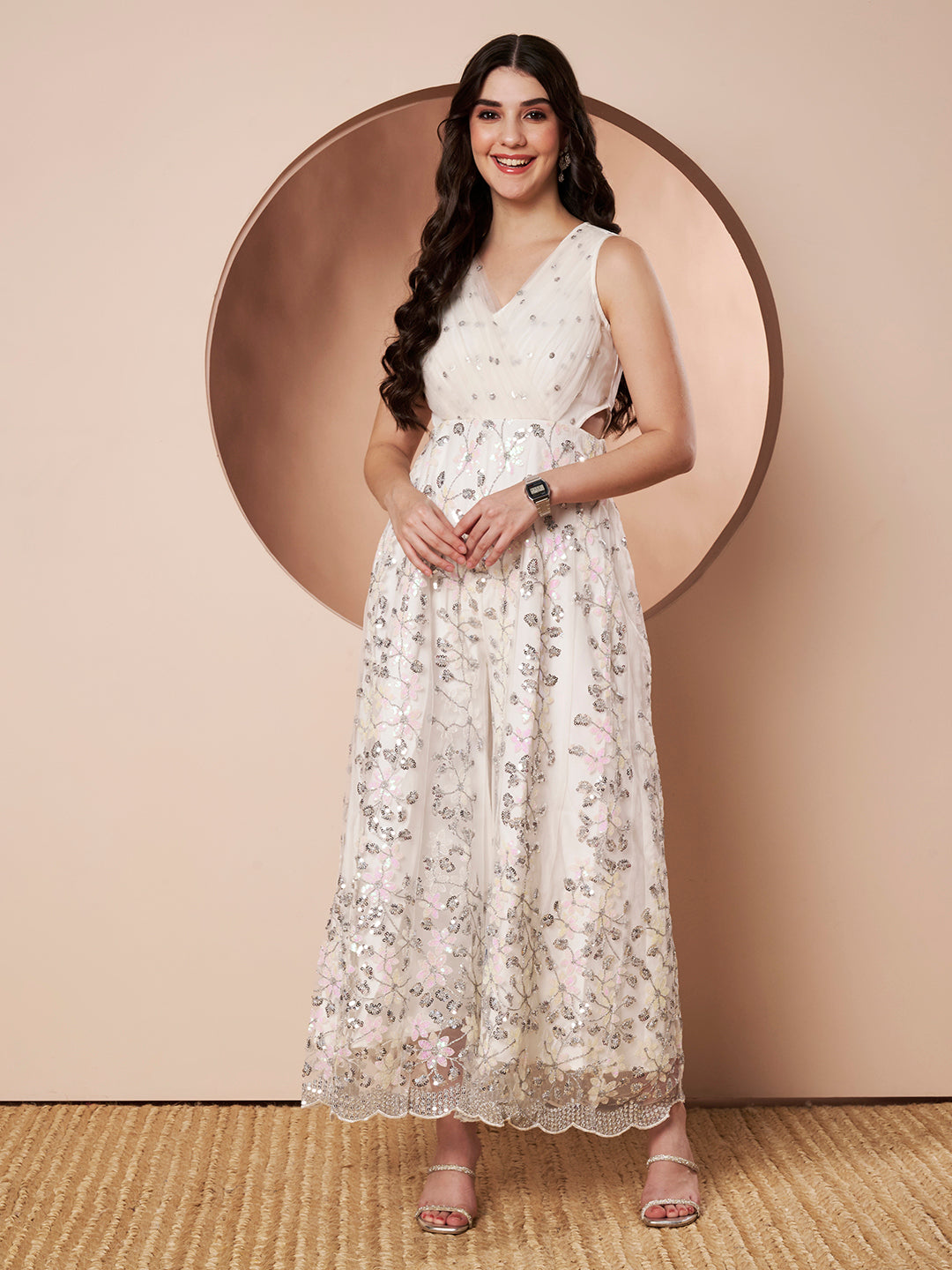 Badass Womens White Indo Western Party Jumpsuit with Embroidery