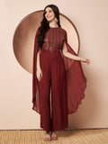 Nazuk Maroon Indo- Western Party Jumpsuit with Cape Sleeves and Gold Embroidery Details for Cocktail