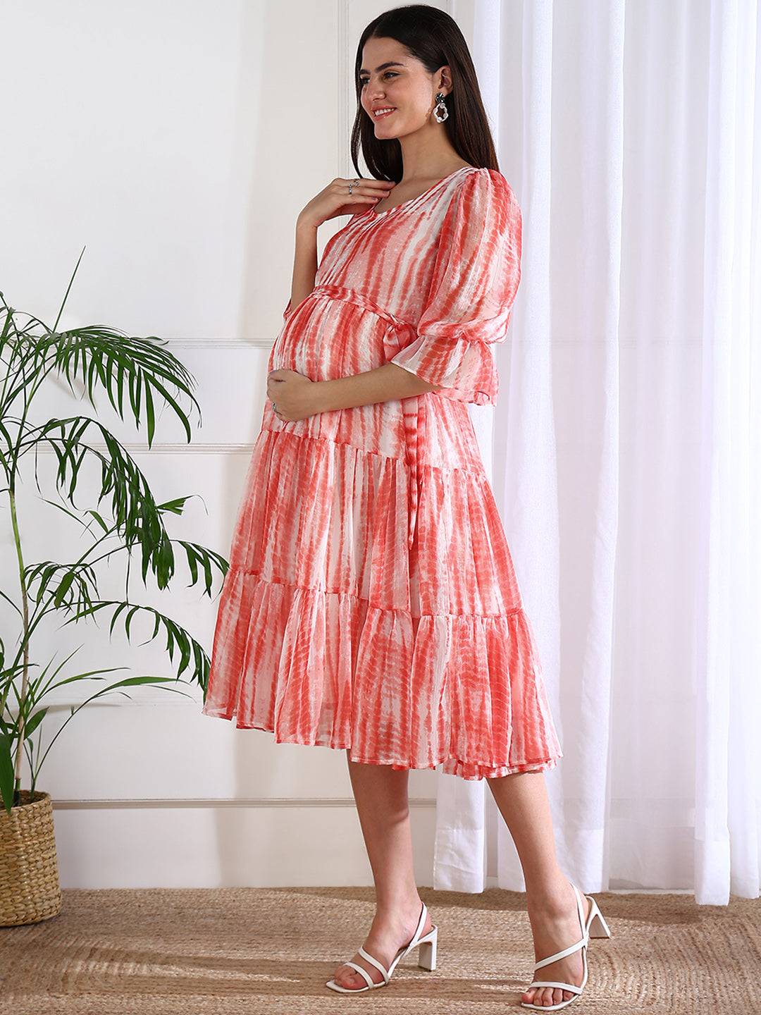 Emma Peach Tie and Dye Maternity Dress with Nursing Feature