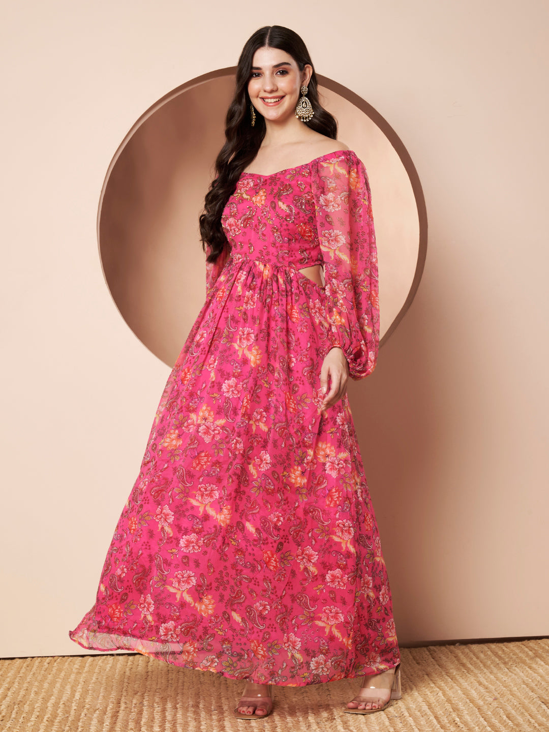 Queenbee Hot Pink Maxi Gown Floral Party Dress for Women with Embroidery Detail Full Sleeves