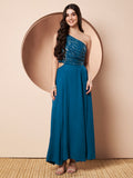 Sitara Teal Womens One Shoulder Maxi Gown Party Dress with Gold Lurex Details