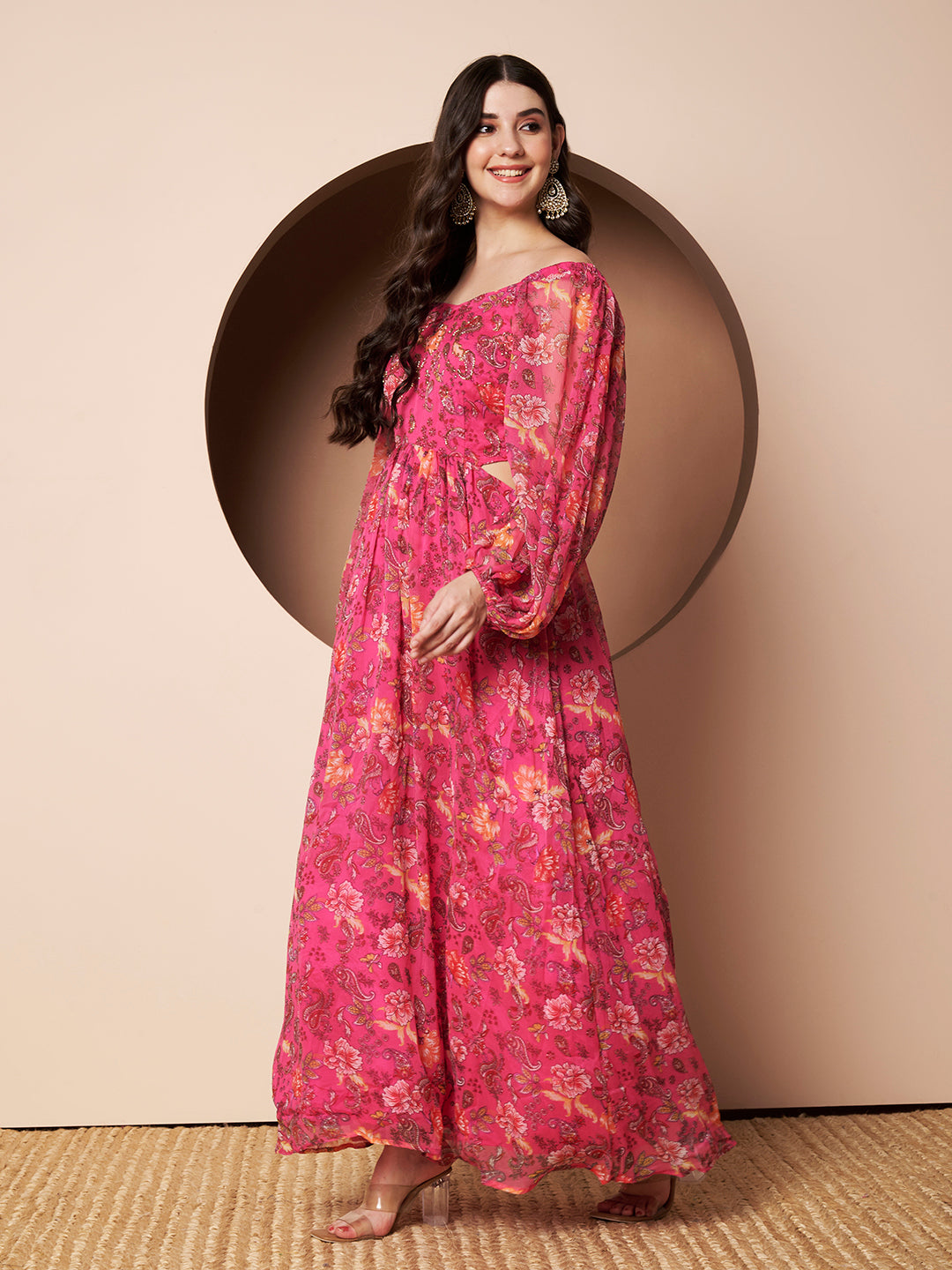 Queenbee Hot Pink Maxi Gown Floral Party Dress for Women with Embroidery Detail Full Sleeves