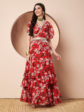 Tikhi Mirchi Womens Red Floral Print Draped Saree with Frills Party Wear