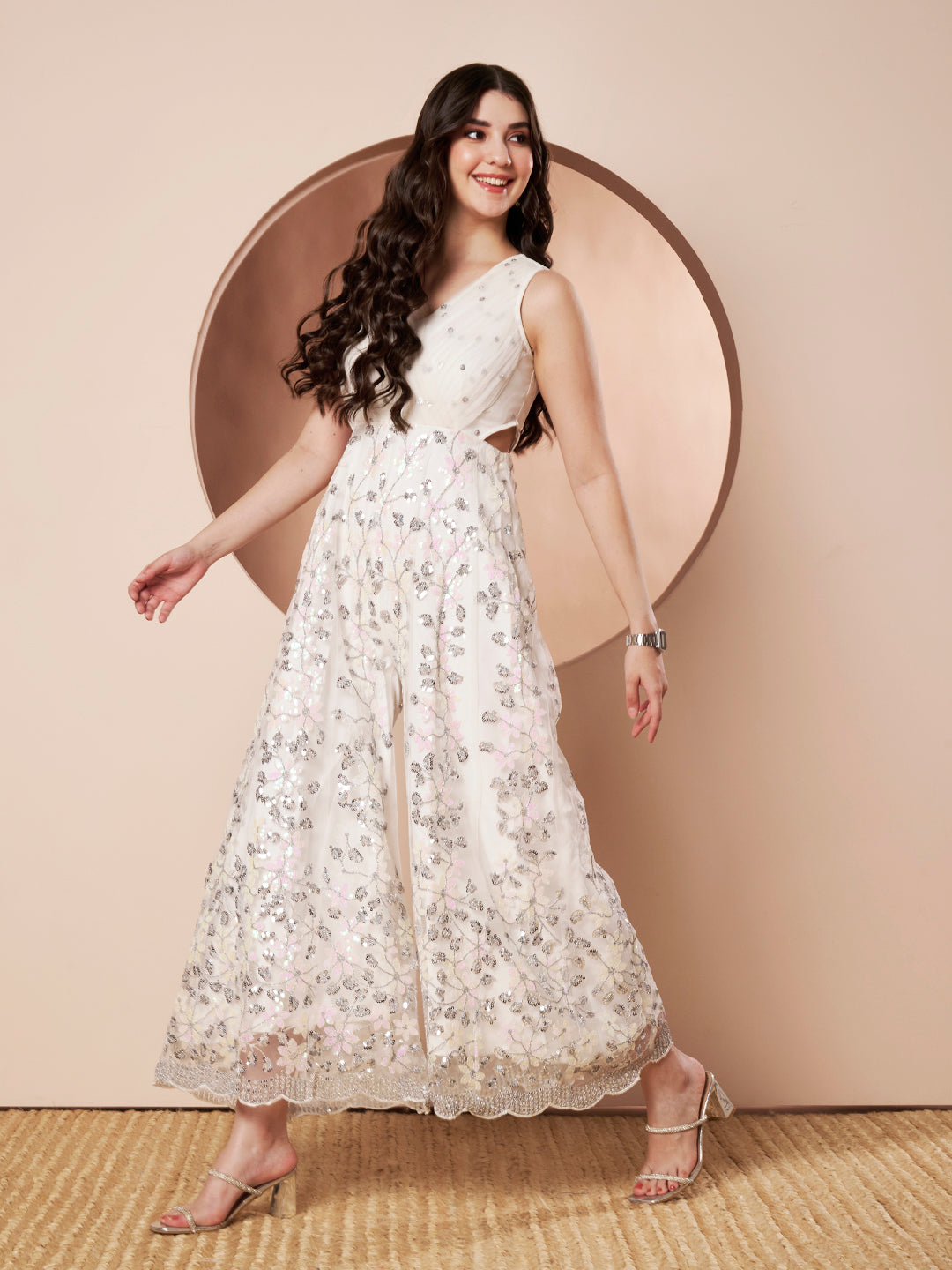 Badass Womens White Indo Western Party Jumpsuit with Embroidery