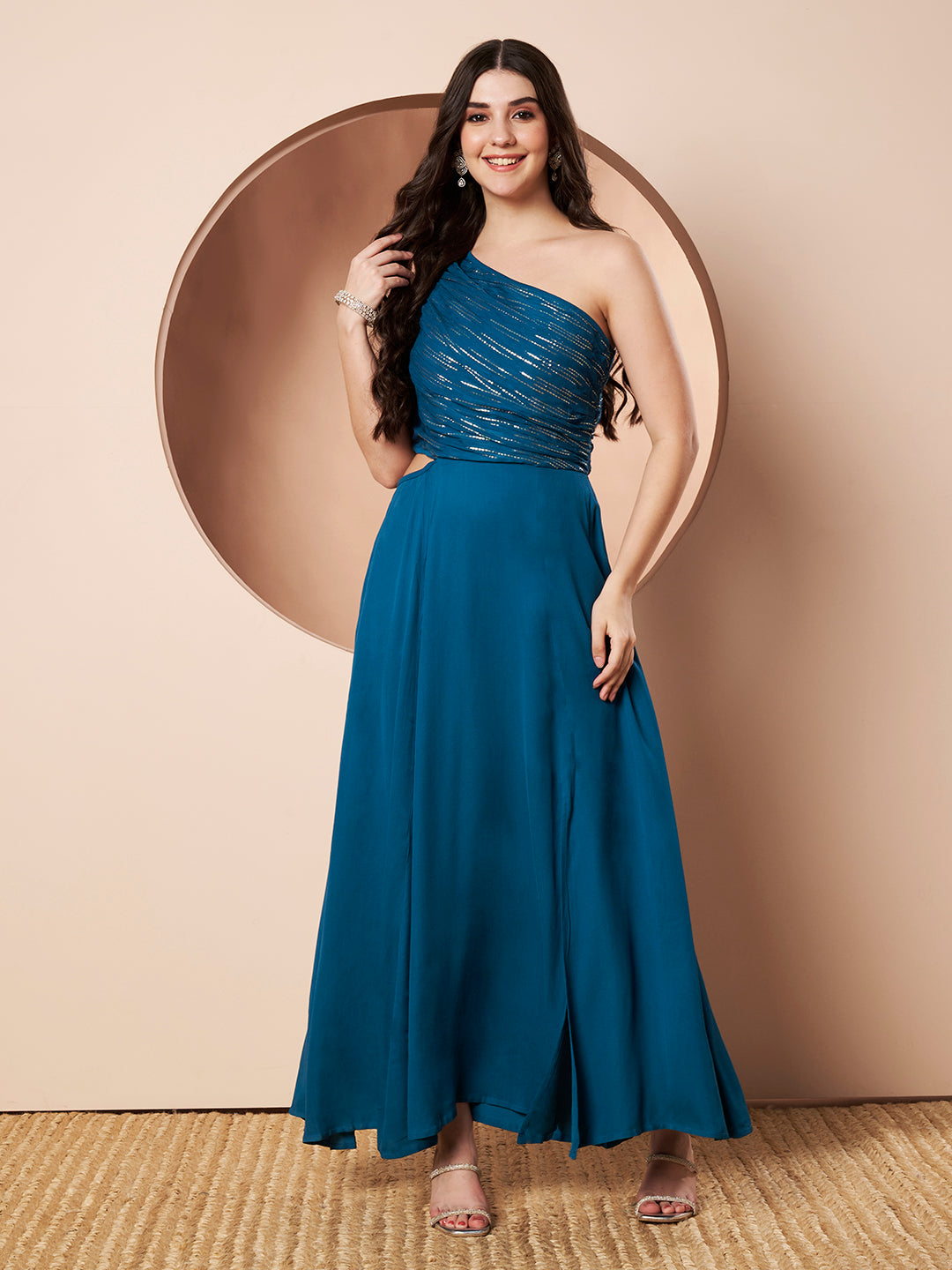Sitara Teal Womens One Shoulder Maxi Gown Party Dress with Gold Lurex Details