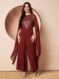 Nazuk Maroon Indo- Western Party Jumpsuit with Cape Sleeves and Gold Embroidery Details for Cocktail