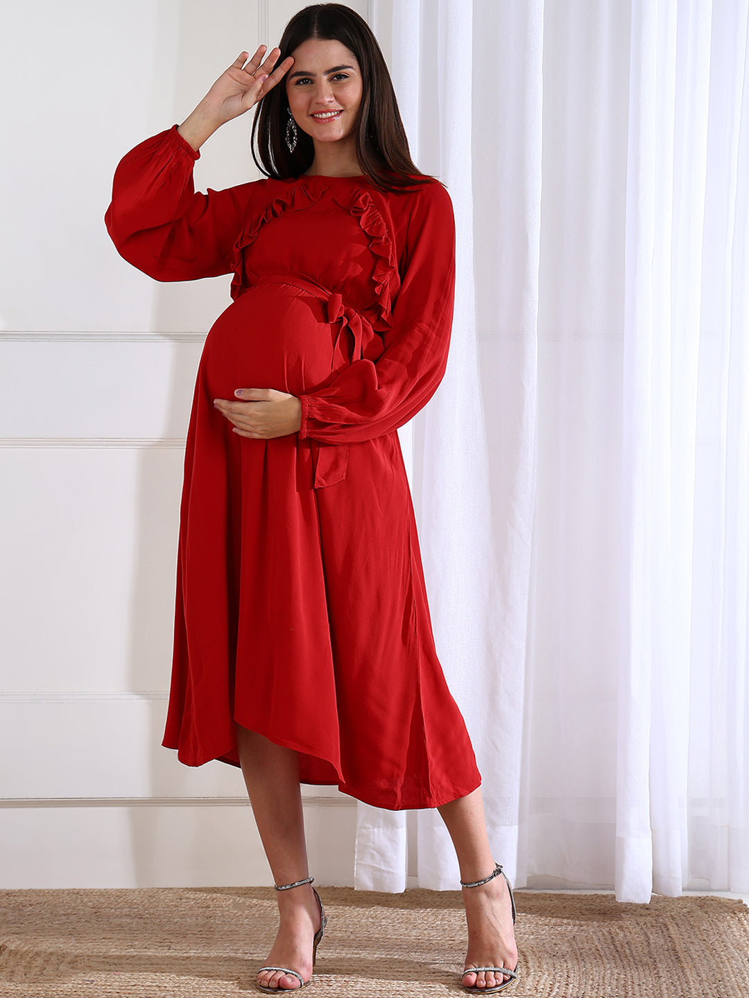 Stella Red Party Maternity Dress with Hidden Nursing Feature for Pregnancy