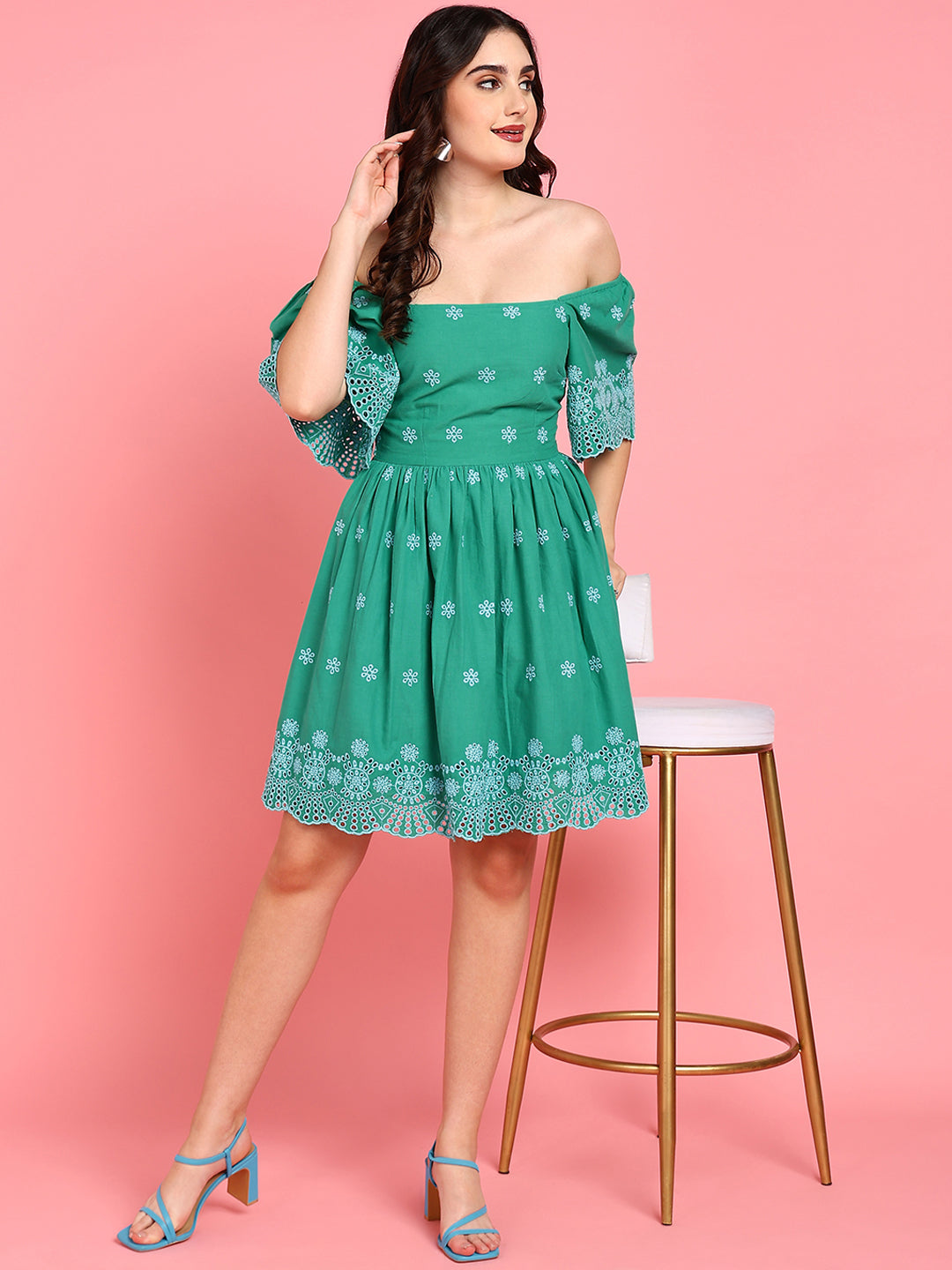 Koh Samui Green and Blue Womens Cotton Schiffli Party Dress Shadesofsabi Koh Samui Green and Blue Womens Cotton Schiffli Party Dress Shadesofsabi