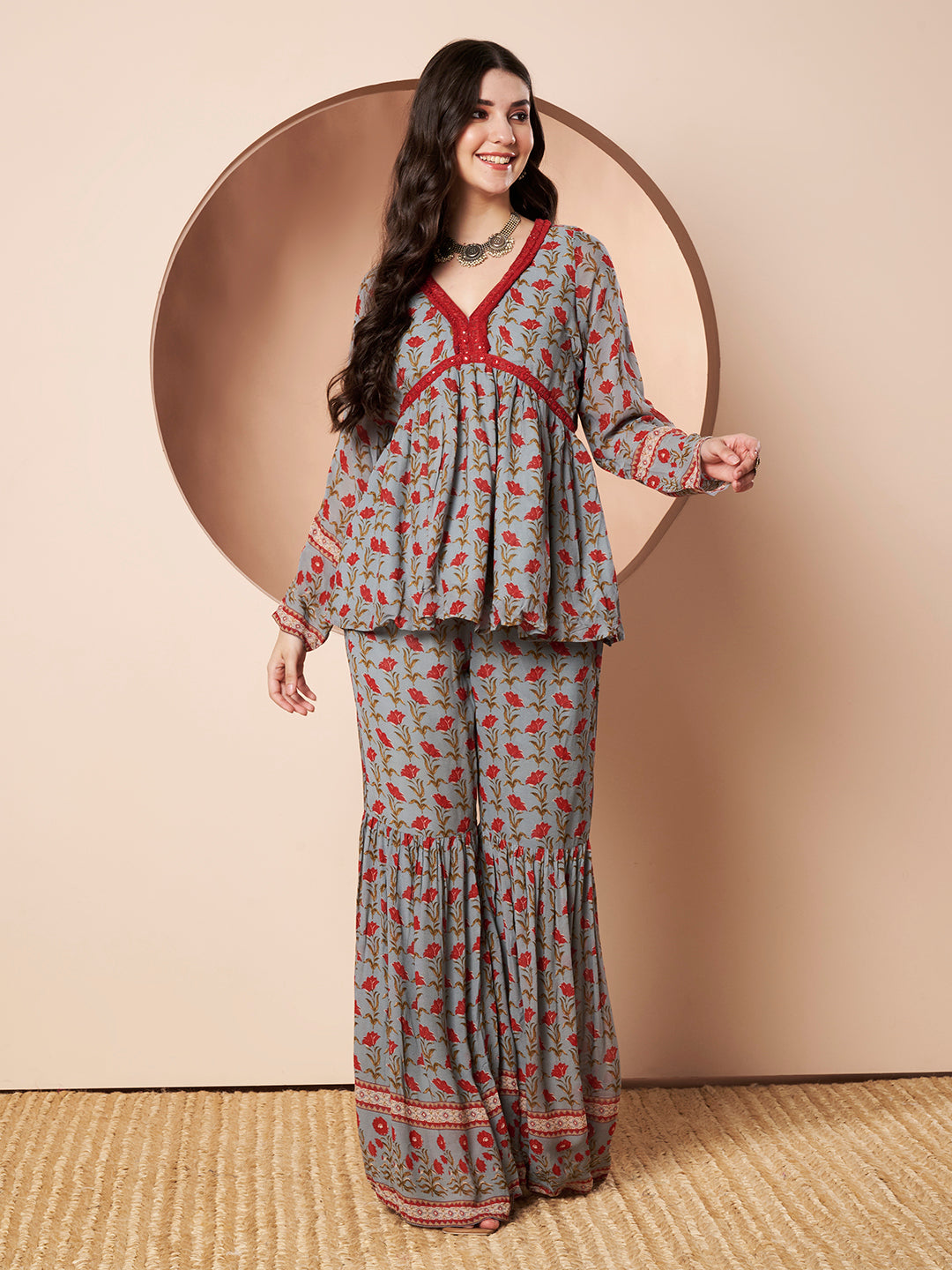 Self-Obsessed Grey and Red Floral Indo Western Co-ord Set for Women