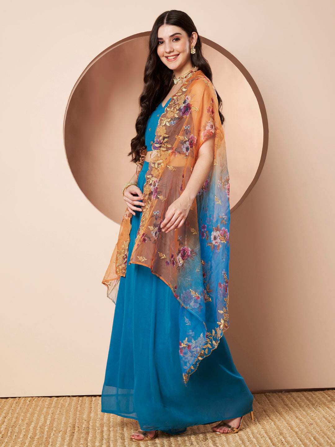 Namaslay Floral Orange Turquoise Ombre Organza Party Co-ord Set for Women