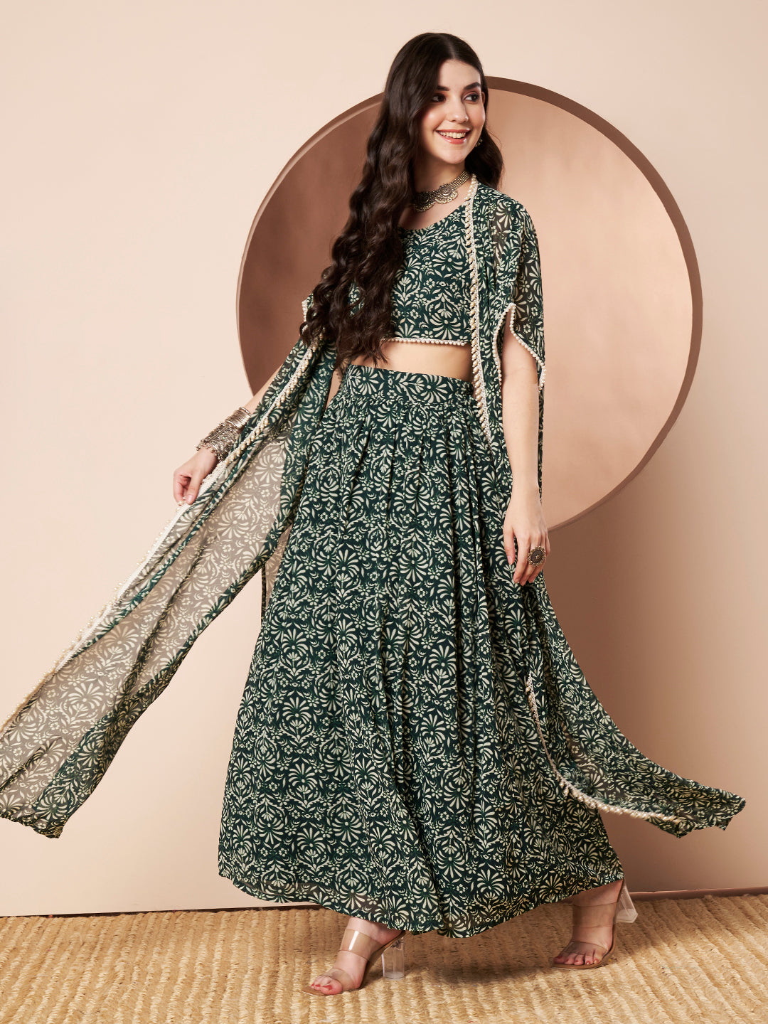 Nautanki Floral Print Green Indo Western Co-ord Set for Women