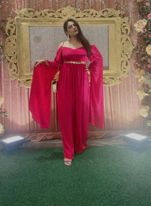 Kamal Hot Pink Stylish Indo-Western Womens Party Jumpsuit with Cape Sleeves Detail for Cocktail