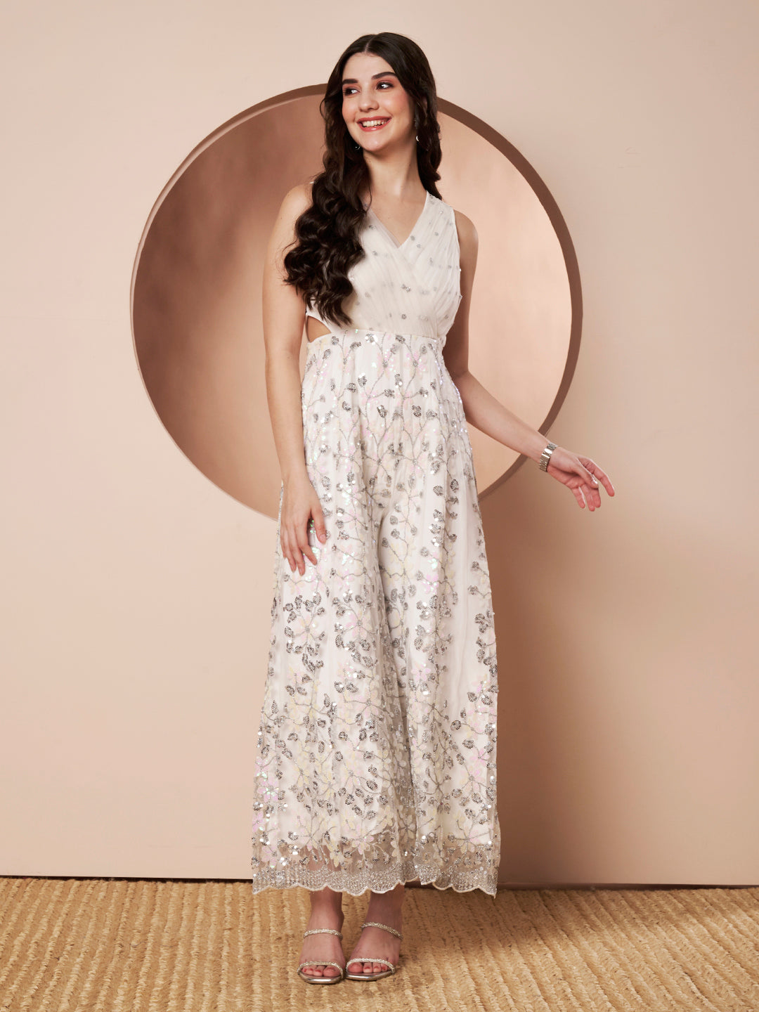 Badass Womens White Indo Western Party Jumpsuit with Embroidery