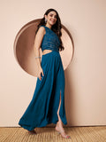Sitara Teal Womens One Shoulder Maxi Gown Party Dress with Gold Lurex Details