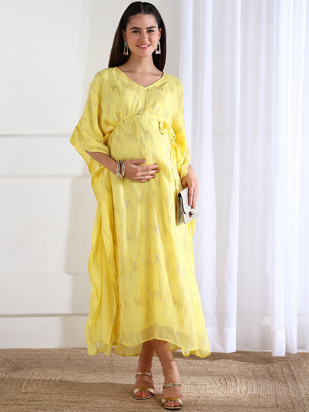Willow Yellow Kaftan Maternity Dress with Golden Lurex for Pregnancy Shadesofsabi Willow Yellow Kaftan Maternity Dress with Golden Lurex for Pregnancy Shadesofsabi