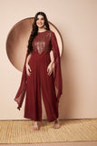 Nazuk Maroon Indo- Western Party Jumpsuit with Cape Sleeves and Gold Embroidery Details for Cocktail