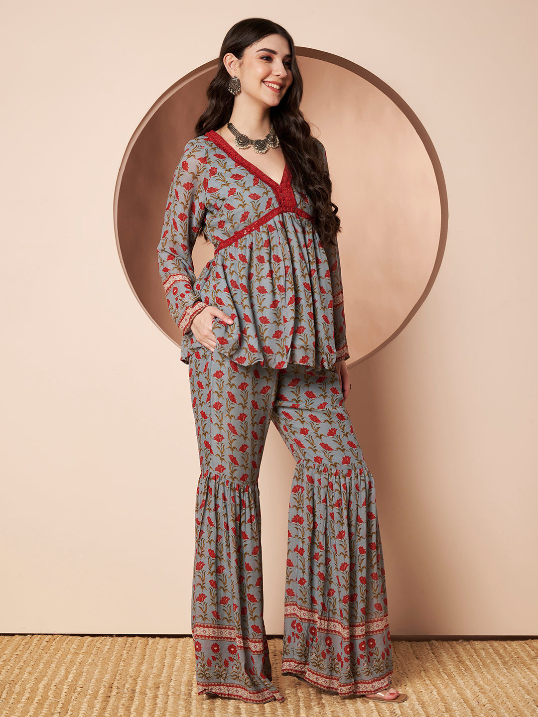 Self-Obsessed Grey and Red Floral Indo Western Co-ord Set for Women
