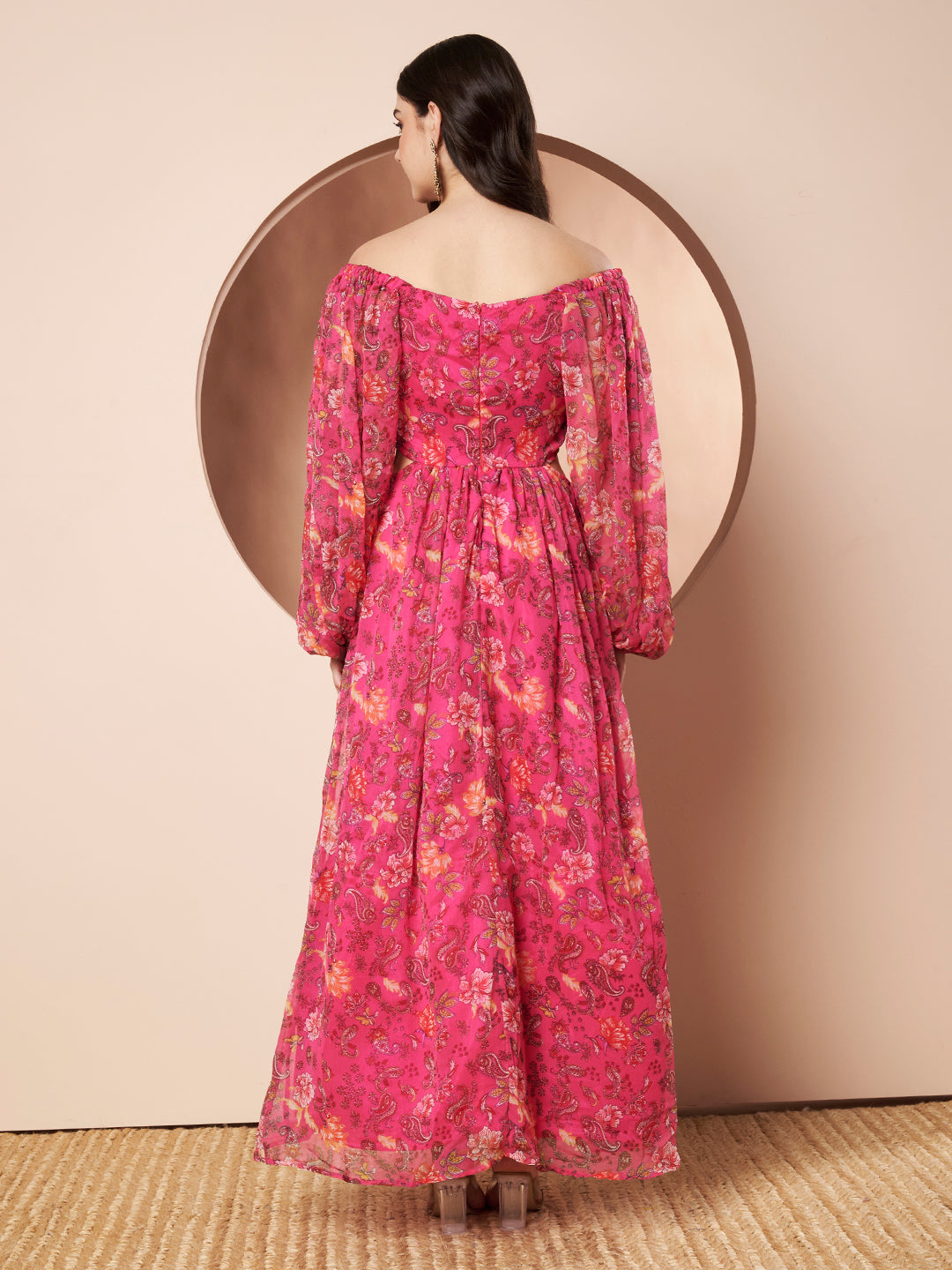 Queenbee Hot Pink Maxi Gown Floral Party Dress for Women with Embroidery Detail Full Sleeves