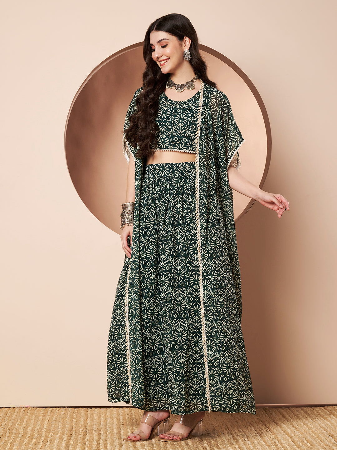 Nautanki Floral Print Green Indo Western Co-ord Set for Women
