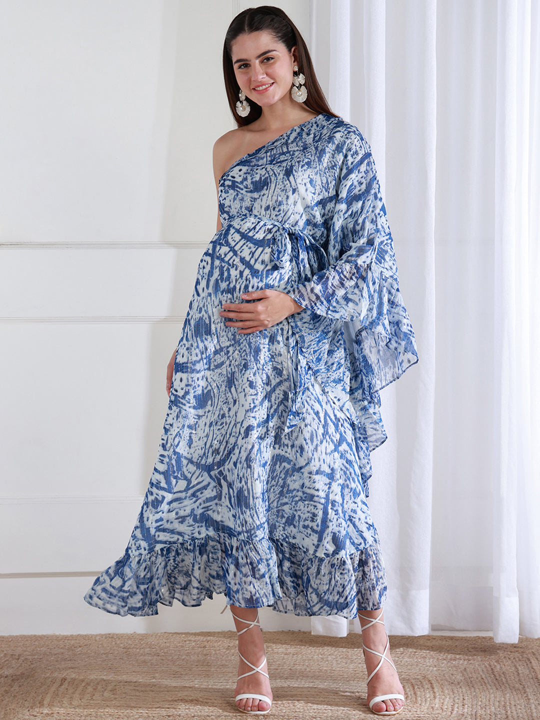 blue tie dye maternity dress Blue Tie Dye Off Shoulder Maternity Maxi Dress PinkBlush