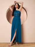 Sitara Teal Womens One Shoulder Maxi Gown Party Dress with Gold Lurex Details