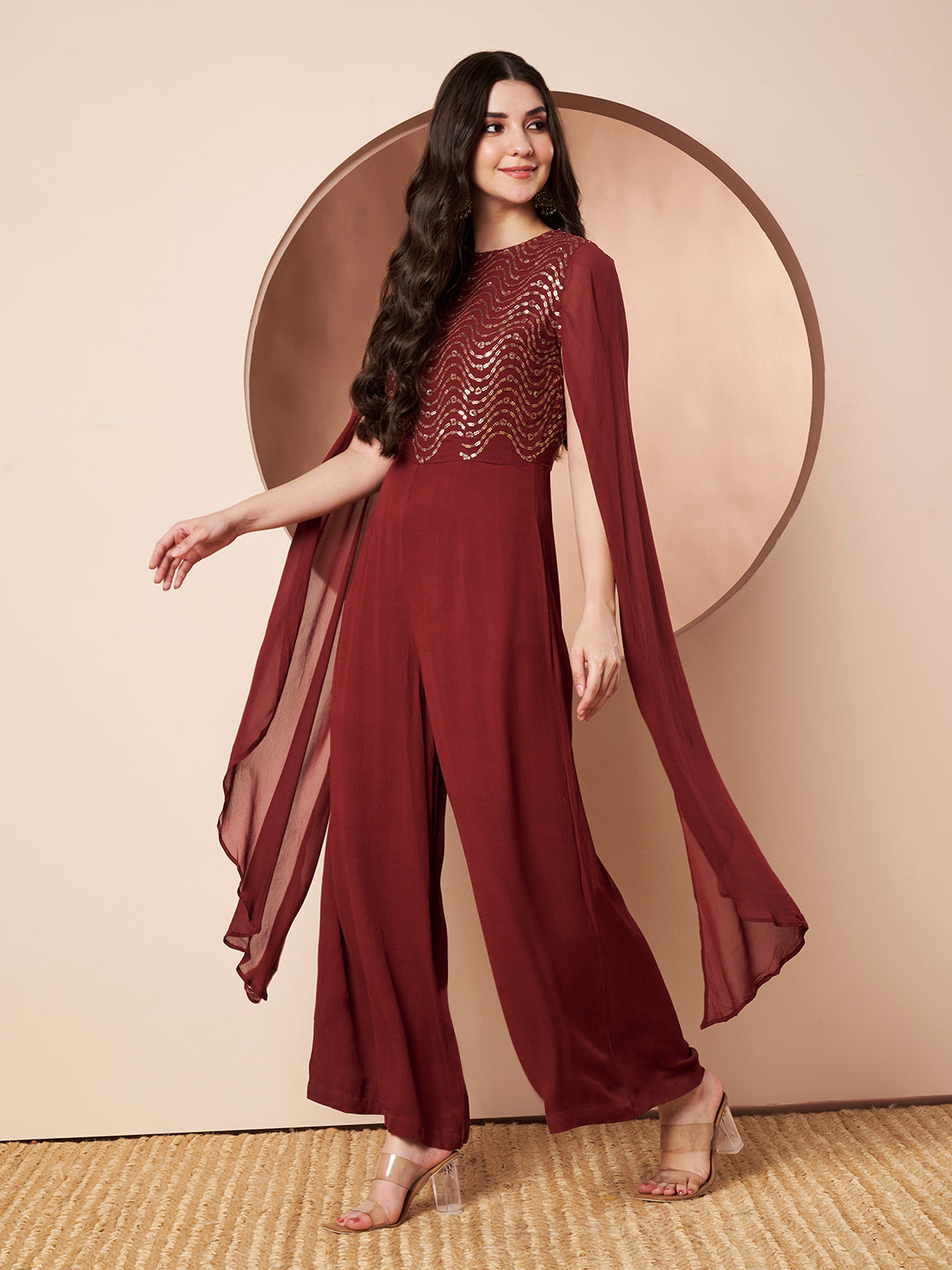 Nazuk Maroon Indo- Western Party Jumpsuit with Cape Sleeves and Gold Embroidery Details for Cocktail