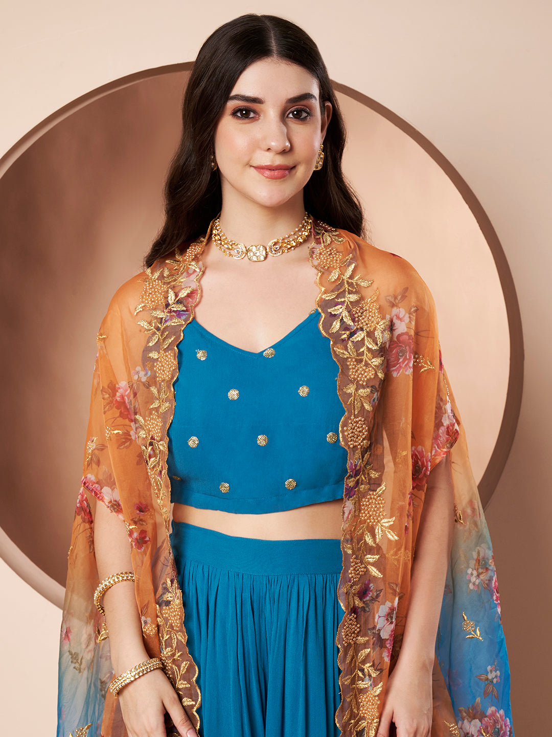 Namaslay Floral Orange Turquoise Ombre Organza Party Co-ord Set for Women