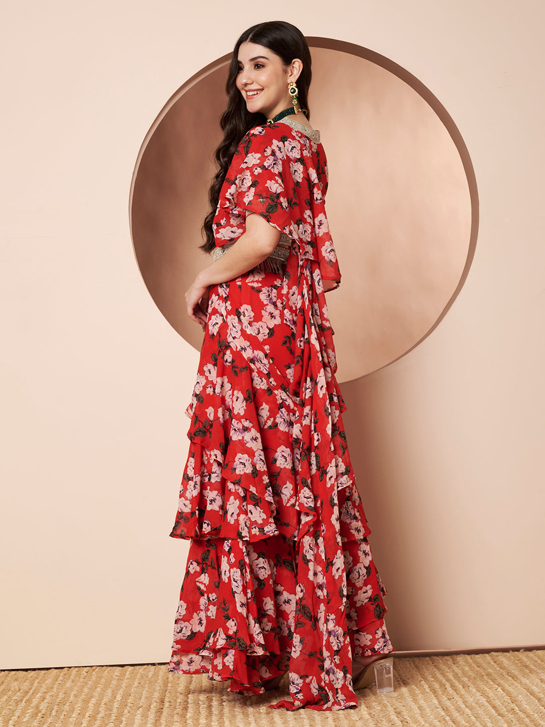 Tikhi Mirchi Womens Red Floral Print Draped Saree with Frills Party Wear