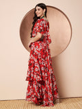 Tikhi Mirchi Womens Red Floral Print Draped Saree with Frills Party Wear