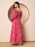 Queenbee Hot Pink Maxi Gown Floral Party Dress for Women with Embroidery Detail Full Sleeves